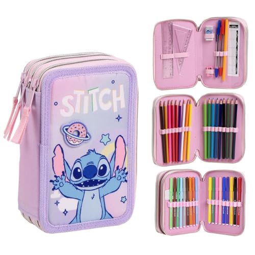 Trousse scolaire Stitch 3 zip triple avec 44 pièces de papeterie Giotto pour enfant