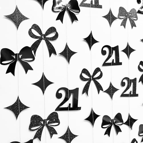 Image of Black 21st Bow Birthday Decorations Glitter Conquette Bow Garland Streamer Banner Backdrop for Girls Boys Happy 21st Birthday Finally Legal Cheers to 21 Years Old Awesome Since 2004 Party Supplies