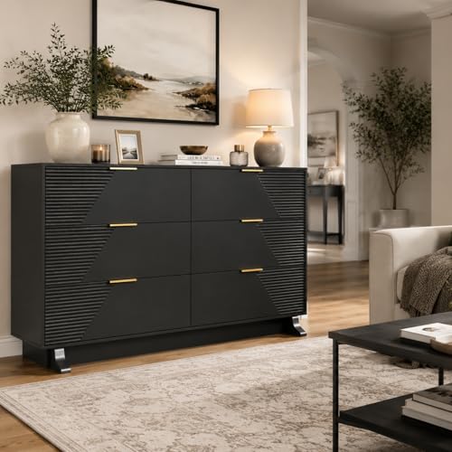 Image of Gyfimoie 47.24 inch Wide Dresser for Bedroom, 6 Drawer Black Dresser with Gold Metal Handle & Fluted Design, Chest of Drawers with Sturdy Base, Wood Dressers for Bedroom, Living Room, Hallway