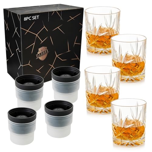 OLD BARREL Whiskey Glasses Set of 8 (4 Glasses with 4 Ice Ball Molds) 10oz Old Fashioned Crystal Glasses Gift Box – Bourbon, Scotch, Cocktail Rocks Glas – Gifts for Men, Dad, Birthday, Christmas Gift