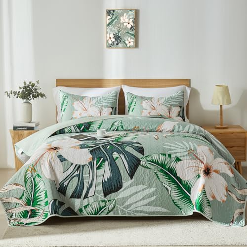 Yogeneg King Quilt Bedding Set,White Botanical Pattern Sage Green King/Cal King Quilt Set,3 Piece Lightweight Soft Summer Bedspread Coverlet with 2 PIillow Shams,All Season(Sage Green,110