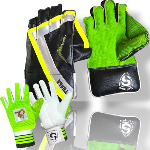 Image of Cricket Wicket Keeping & Inner Gloves for Boys & Youth Age Group -Thala Master Colour-Black & Green