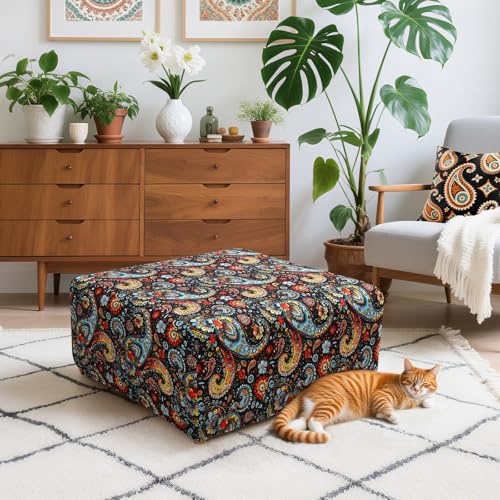 Image of YISUN Ottoman Cover Square, Stretch Printed Ottoman Slipcover Square, Thick Storage Ottoman Covers Washable Footrest Stool Cover Protector with Nonslip Elastic Bottom