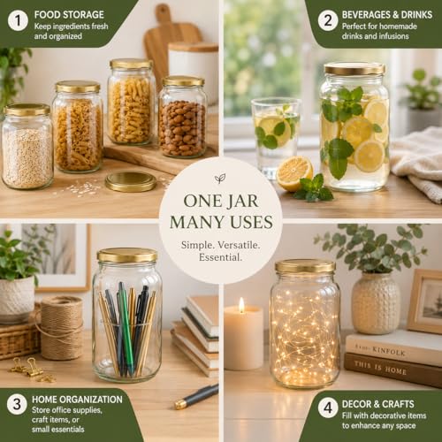 Image of Pure Source India Premium 800gm Clear 6 Pcs Glass Jar with Gold Lug Cap | Airtight Food Storage Jar for Honey, Jam, Pickles, Spices & Preserves