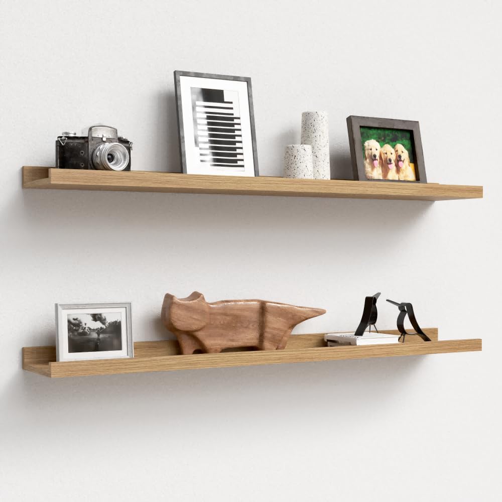 35.3 Inches Long Floating Shelves Wall Mounted, 2 Set Rustic Wall Shelf for Bedroom, Nursery Book Shelf with Lip, Picture Ledge Shelf for Wall Decor Living Room Bathroom Kitchen - Oak