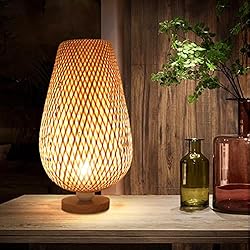 Lampara Bambu Mesa GUANSHAN Lámpara De Mesa Tejida De Bambú Estilo Zen Pantalla De Bambú Luz De Mesa Iluminación De Mesa Decorativa Luz Nocturna Luz De Ambiente Para Dormitorio, Sala De Estar