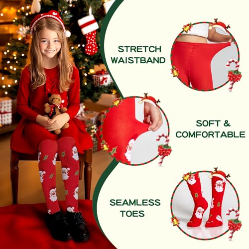 2 Pairs Girls Patterned Red Tights Christmas Holiday Stockings Kids Snowflake Printed Tights for Girls 4-10t4