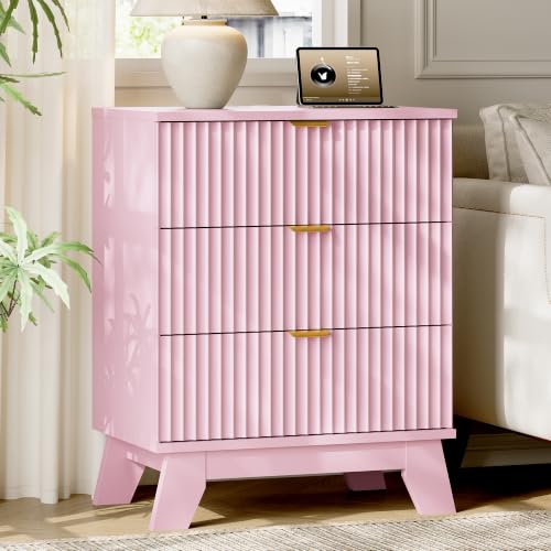 Image of Xixini Fluted Nightstand with Charging Station, Tall Bedside Table, Pink