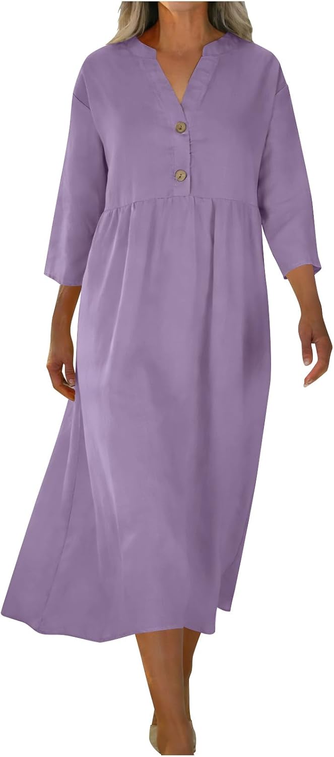 Casual Line Dress for Women:Fashion Button Down 3/4 Sleeve Dresses Lightweight Boho Beach Vacation Outfits 2026