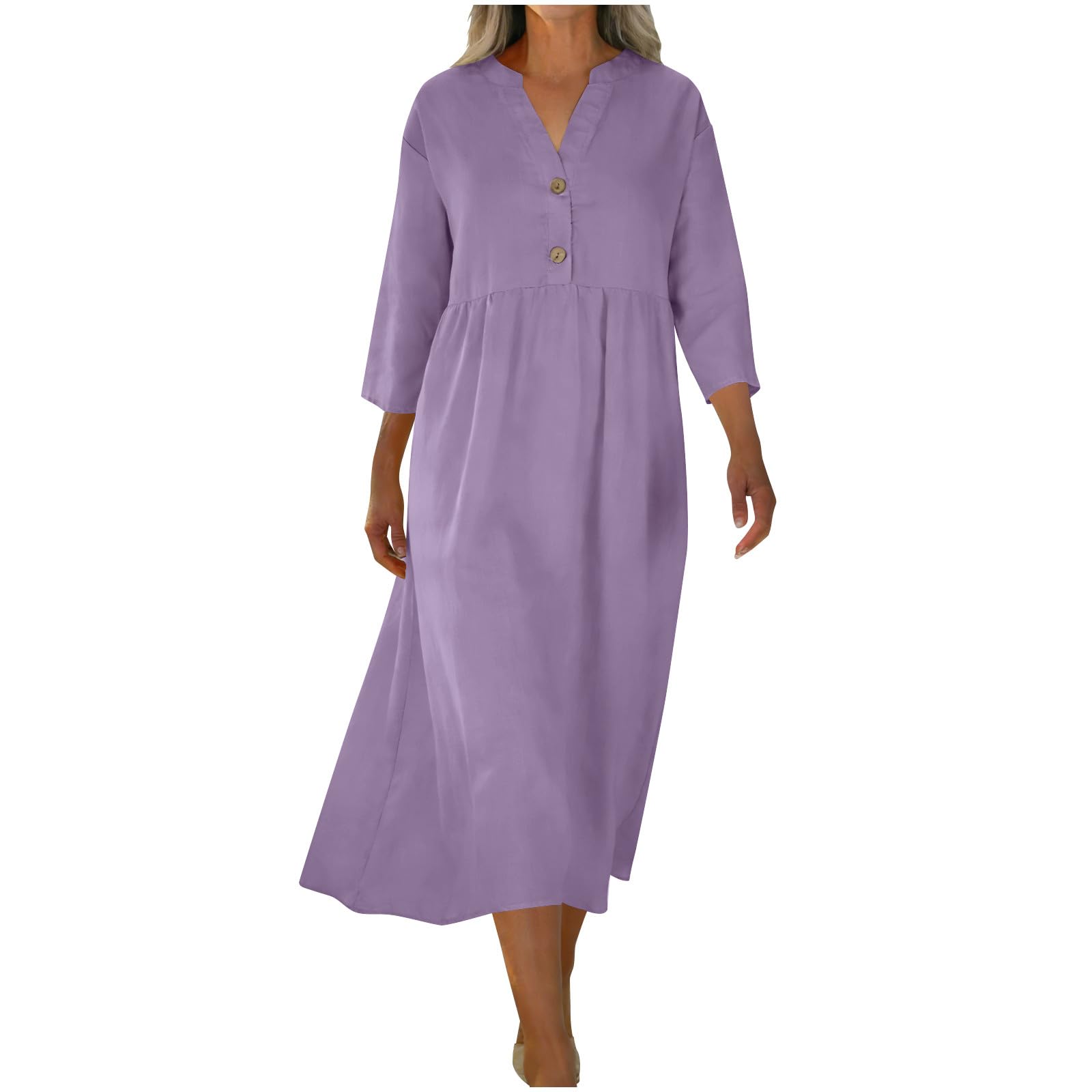 Abiti Lunghi Estivi Donna Lino Vestito Lungo in Cotone a Maniche a 3/4 Morbido Abito Scollo a V Boho Chic Abito Largo con Tasche Comodo Abiti Mare Casual Tinta Unita Leggeri Vestiti Baggy da Spiaggia