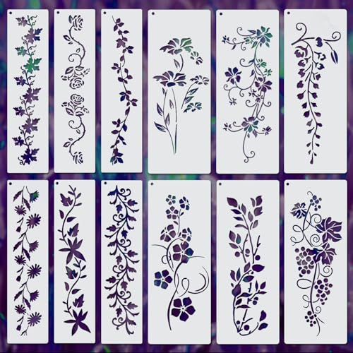 XIHIRCD 12pcs Leaf Vine Stencils, Leaves & Flower Stencil Reusable Floral Templates for Painting on Wood Drawing Canvas DIY Craft Home Decor Wall Art (2 Styles)