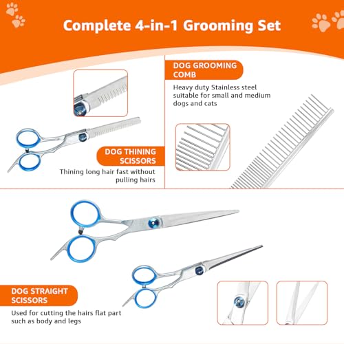 Image of Amazon Basics Dog & Cat Grooming Kit - 4-Piece Stainless Steel Set with Thinning Shear, Trimming Scissors, Curved Scissors & Grooming Comb - All-in-One Pet Grooming Set