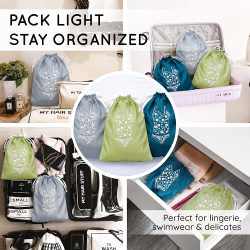 Image of Lingerie Bag for Travel Set of 3, Women Lingerie Storage Bags with Drawstrings, Double-Layered Polyester Beach Bags for Swimwear, Underwear & Storage, 15x15 Inches (Green-Gray-Teal)