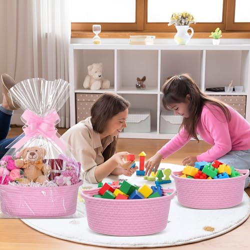 Image of Colingmill Woven Basket with Gift Bags and 2 Ribbons, Raffia Grass Paper Shred Filler, Gift Card, Empty Small Rope Basket for Storage Presents Toy Organizer(Pink,12 * 8 Inch)