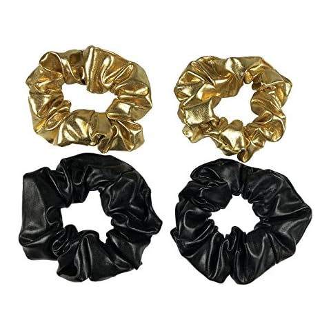 Otyou 4 Pack Black and Gold PU Leather Hair Scrunchies Scrunchy Bobbles Elastic Hair Bands Ties Hair Accessories Wrist Band Cosplay Show for Women Girls Cover