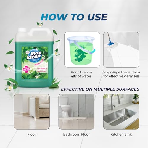 Image of Maxkleen Wipro Herbal Fresh+Neem Extract Floor Cleaning Liquid 5Ltr| Refill Pack |Disinfectant Floor Cleaner With 99.99% Germ Protection| All Purpose Tile, Floor & Wall Cleaner