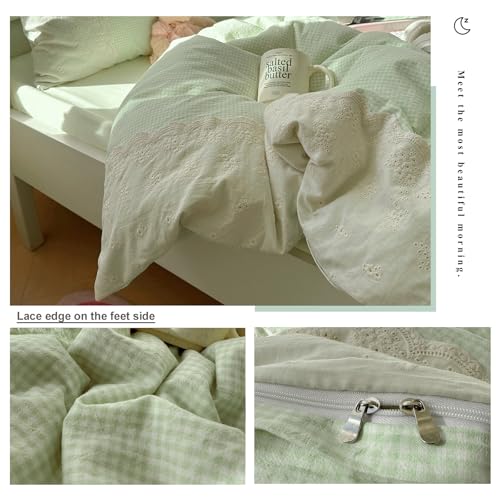 Image of VM VOUGEMARKET Green Gingham Grid Duvet Cover Queen 3 Pieces White Lace Duvet Cover with 2 Pillowcases Green Plaid Comforter Cover Romantic Cozy Bedding Set for Girls