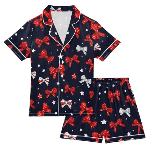 Cute Bow Star Red White Summer Pajamas Set Soft Satin Pjs Sets 2 Piece Short Sleeve Sleepwear Casual Clothes
