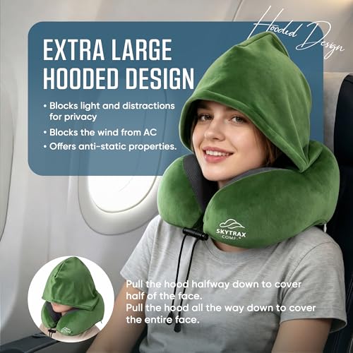 Image of SkytraxComf Travel Neck Pillow with Hood for Privacy on Long Flights | Memory Foam | Airplane Sleep | Safety-Tested Materials | Extra Large Hood | Chin Support | Earplugs | Washable Cover
