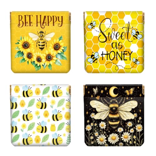 Peacoblue Bees and Flower Coin Purse,PU Leather Squeeze Pouch 4PCS