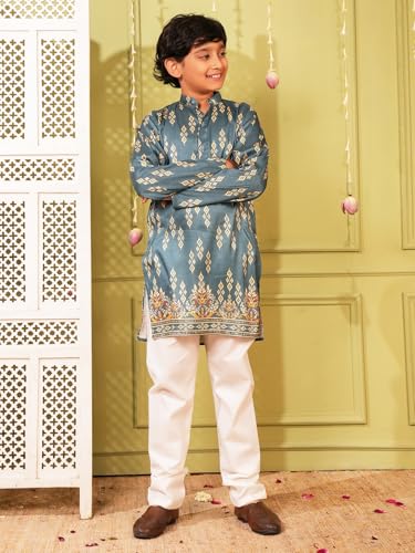 Image of AJ DEZINES Kurta Pajama For Kids Boys | Cotton Printed Chikankari Kurta Pyjama Set For Boys | Traditional & Festive Outfit | Party & Ethnic Wear | Stylish Kids Kurta Set
