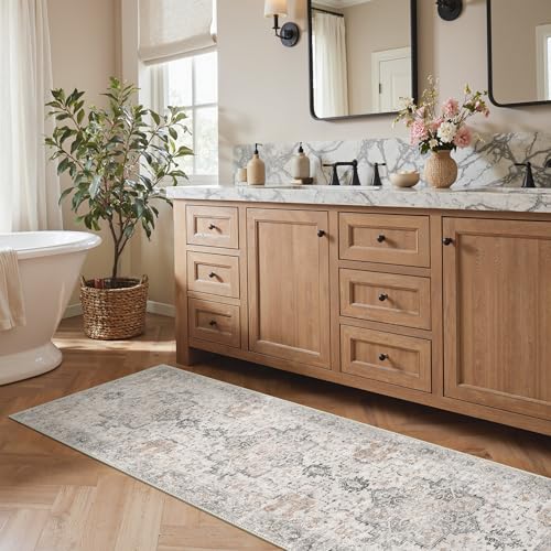 GENIMO Runner Rug 2x8 Non Slip Vintage Hallway Runner Rug, Low Pile Lightweight Rugs for Entryway, Hallway, Kitchen and Corridor, Light Taupe Brown
