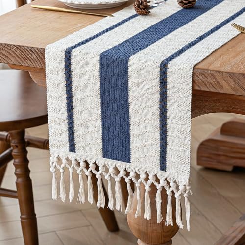 Image of FEXIA Boho Table Runner with Tassels for Fall Home Decor 12x72 Blue Decor