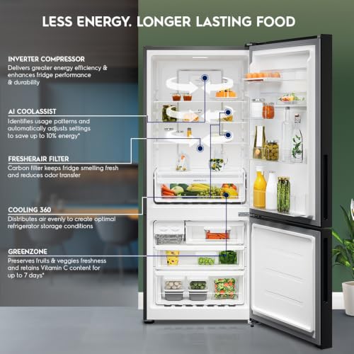 Image of Electrolux 425L 1 Star Double Door Refrigerator with AI CoolAssist, Bottom Mount Freezer, GreenZone Technology, Cooling 360, Inverter, Frost Free, UltimateTaste 700, EBE4302C-B, Charcoal Black