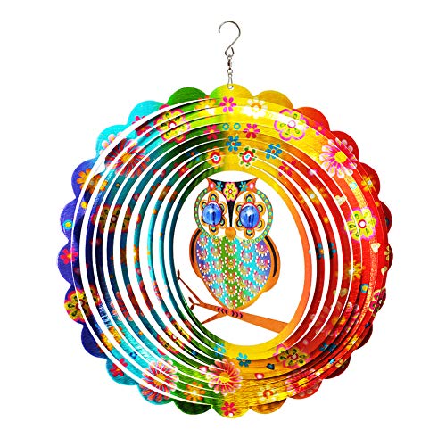 Image of FONMY Wind Spinner Mandala Owl 12 inch 3D Stainless Steel Laser Cut Metal Art Geometric Pattern Hanging Wind Spinner, Kinetic Yard Art Decorations - Indoor /Outdoor Decor
