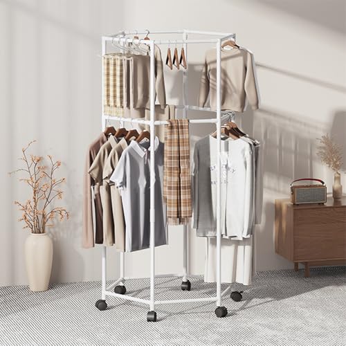 Image of Lukzer 360Rotating Hexagonal Clothes Drying Rack Double Layer Metal & Plastic Floor-Standing Coat Hanger with Wheels Freestanding Storage Organizer for Bedroom Balcony, Dorm, Living Room White CH-095