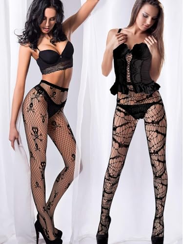 4 Pairs Black Fishnet Stocking, Black Skull Spider Web Star Bat Tights Legging Pantyhose for Women Halloween4