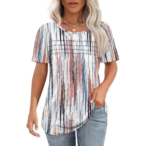 OFEEFAN Womens T Shirts Short Sleeve Tops Dressy Casual Blouses Spring Summer Outfits Flowy Pleated Front Scooped Neck
