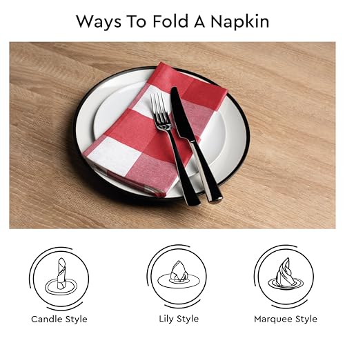 Image of Encasa XO Dining Table Napkins Set of 12, 43x43 cm | Machine Washable Reusable, Recycled Cotton Cloth Napkin, Soft & Absorbent, Table Decor for Hotels, Farmhouse - White & Buffalo Red Checks
