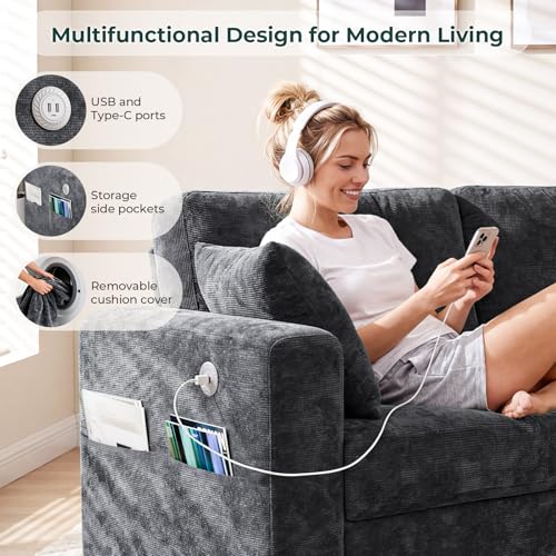 Image of 70 inch Loveseat Sofa for Living Room, Modern Chenille Cloud Couch with USB /Type-C Charging Ports, Side Pockets, Removable Cover, Wide Armrests, Small Couch for Small Space, Easy to Assemble, Grey