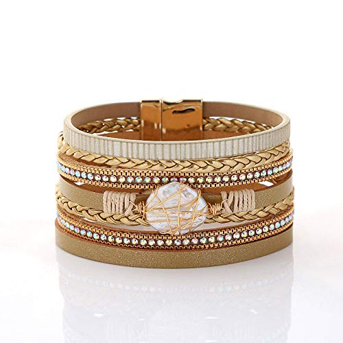 Bijoux en cuir pour femmes tressé kaki avec perles d'eau douce : accessoire vintage tendance