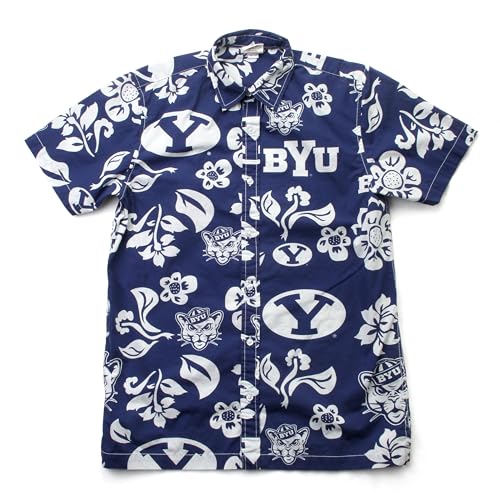 Wes and Willy NCAA Mens Hawaiian Floral Button Down Shirt BYU Cougars Midnight L