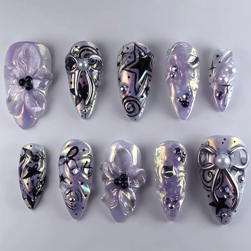 24Pcs Purple Flower Press on Nails Medium Almond Y2k Fake Nails Black Star with 3D Silver Bow Pearl Design Glitter Gems False Nails Full Cover Artificial Glue on Nails Luxury Stick on Nails for Women