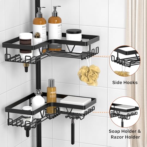 Image of KEGII Corner Shower Caddy Tension Pole - Shower Tension Rod Organizer, Floor to Ceiling Shower Caddy 25-114.2 inch, Towel Rack Corner Waterproof, Black