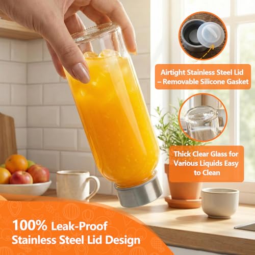Image of Luxfuel Glass Juice Bottles with Lid 12 oz, 12 Pack Reusable Glass Water Bottles with Stainless Steel Cap & Straws, BPA Free, Leak Proof Juice Bottle Containers for Juicing, Smoothies & Fridge Storage