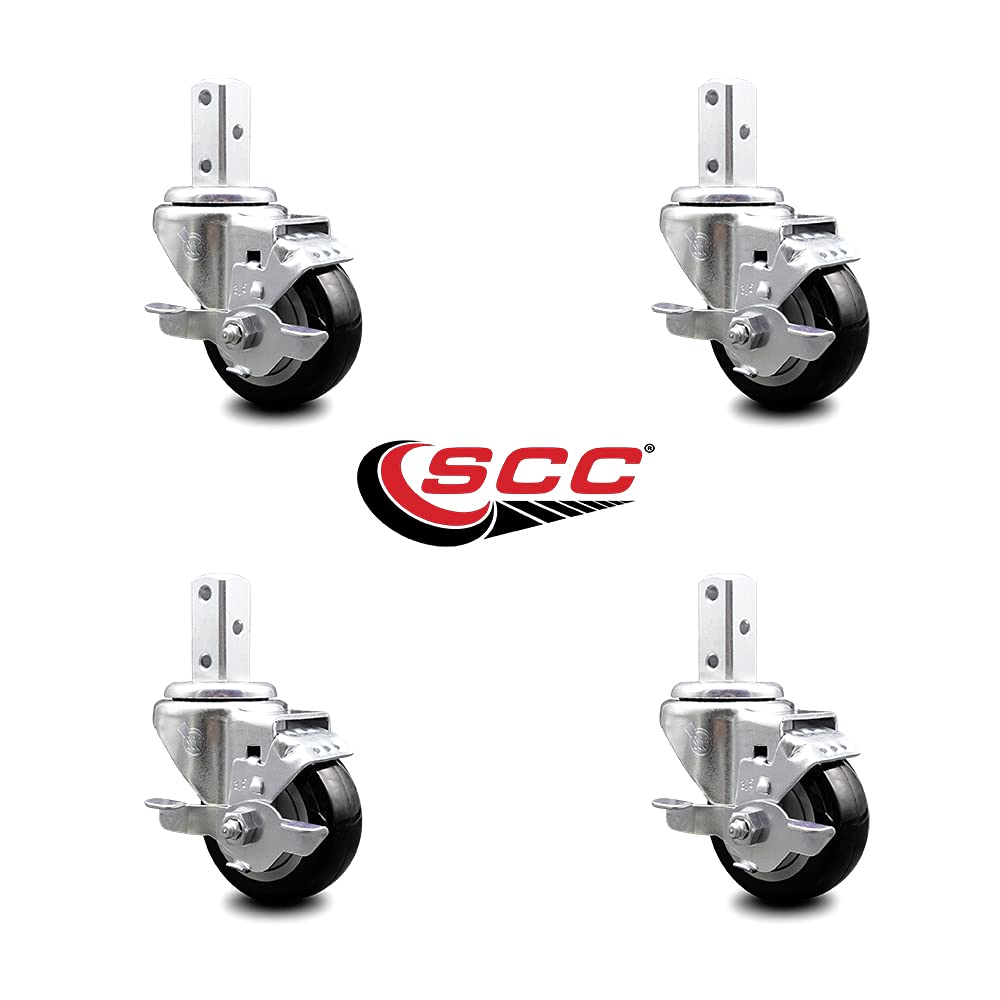 Swivel Square Stem Caster Set 4 w/3.5” x 1.25” Black Poly Wheel - 3/4” x 2” Square Stem with (3) 17/64” Diameter Mounting Holes - Includes 4 Top Lock Brakes-1200lbs. Cpty/Caster - Service Caster Brand