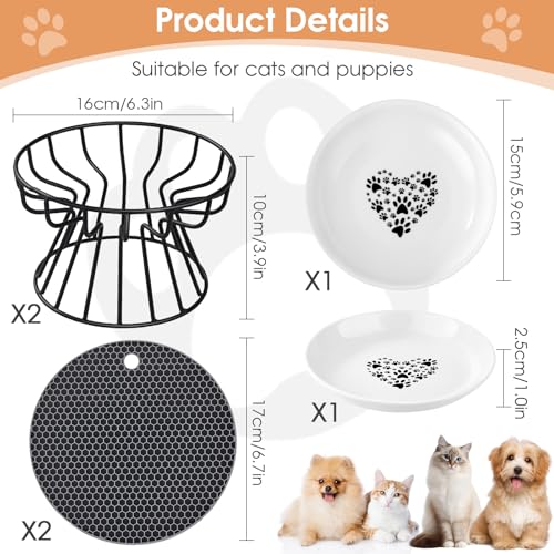 Otauoaea 2 Stück Katzennapf Erhöht, Erhöhter Futternapf Katze, Fressnapf Katze Flach, Cat Bowl mit Metallständer & rutschfeste Silikonmatte, Linderung von Schnurrhaarermüdung (A-Schwarz)