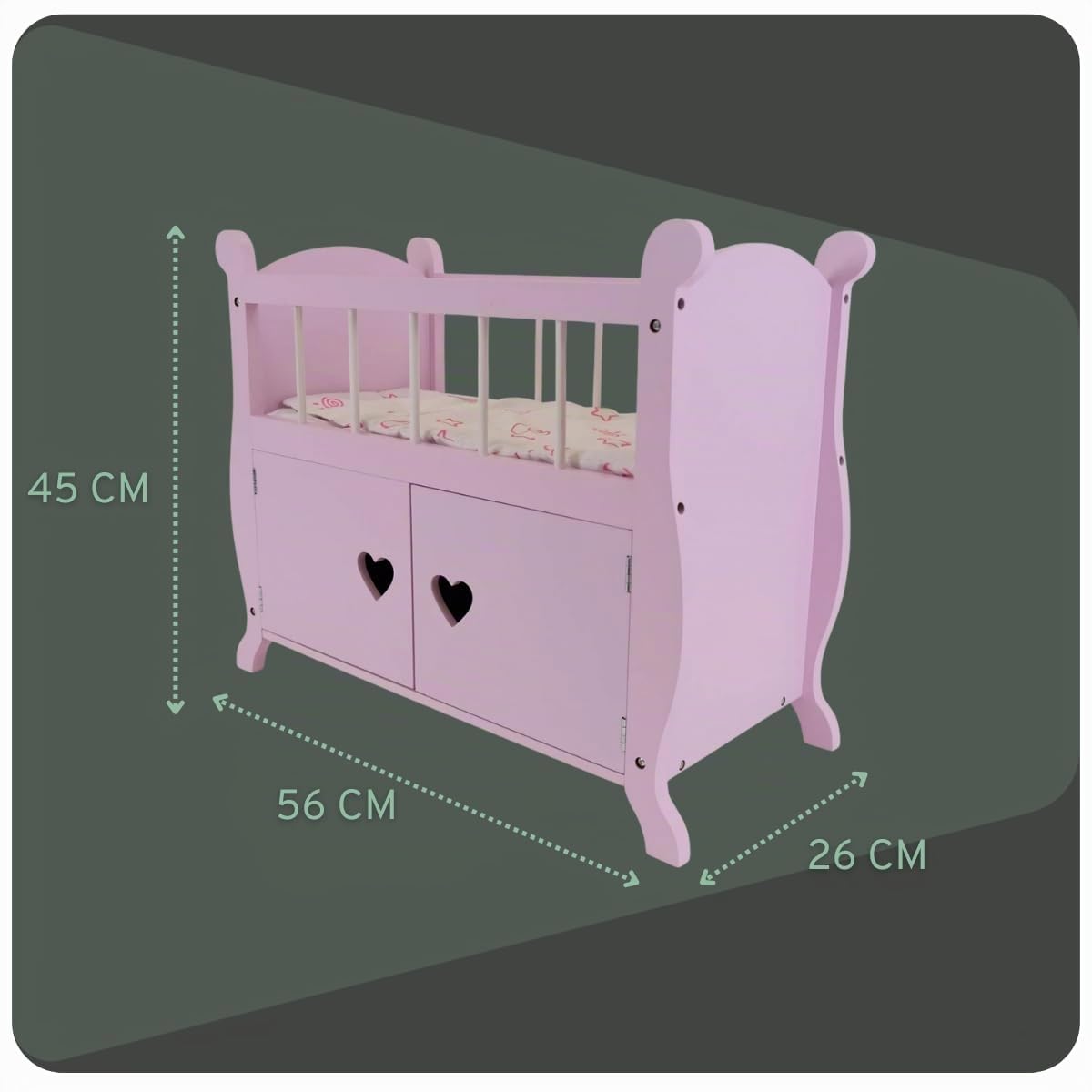 Bandits & Angels Puppenbett Sweetheart aus Holz mit Schrank rosa – Puppenbett aus Holz – geeignet für Puppen bis 46 cm – inklusive Decke – Puppenbett – Puppenmöbel