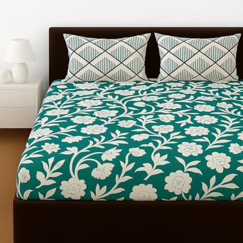 Image of Elastic Fitted Bedsheets with 2 King Size Pillow Covers | Double Bed with All Around Elastic, Size 72 x 78 x 8 Inches (Green White Floral)