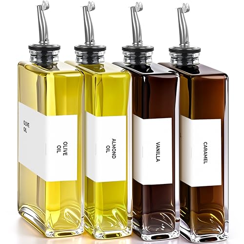 Spaceneat Olive Oil Dispenser Bottle - Includes 44 Kitchen Essential Labels - Cooking Oil Bottles for Kitchen, Coffee Syrup Dispenser - Pourer Spout with 11.8 fl oz Glass Container Cruet - 4pcs Silver