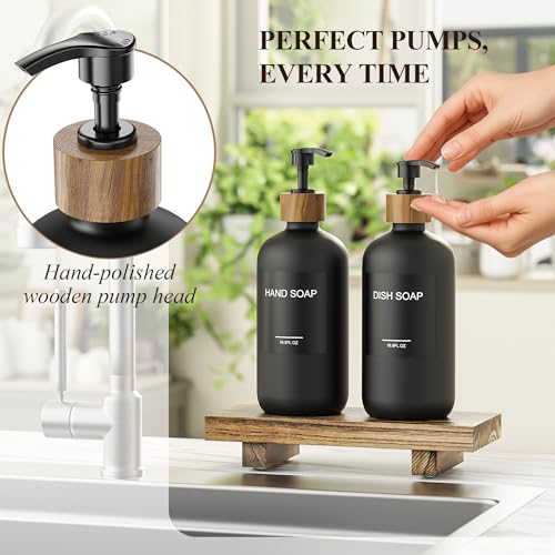 image for Cisily Black Soap Dispenser Set with Wooden Tray, Dish and Hand Soap L