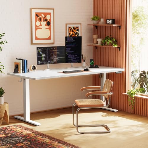 Image of Huuger 63 X 24 Inch Electric Standing Desk with Power Outlets and USB-C Port, Height Adjustable Desk, Sit Stand Desk for Home Office, Computer & Gaming Desk with 4 Presets, Stable Steel Frame, White