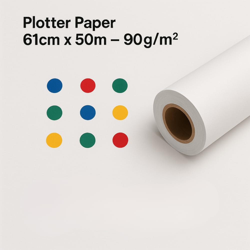 Carta Plotter 61cm x 50m 90g/m² Bianca Professionale Rotolo 4 Pezzi Foro 50mm Ø 96mm