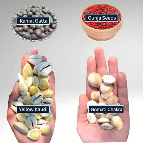 Image of BrijBooti Combo Pack of Gomti Chakra - Pili Kaudi - Kamal Gatta - Gunja Seeds 11 Pieces Each for Lakshmi Pooja, Wealth & Luck