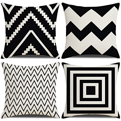 Geometric Pillow Covers 16X16 Inch Set Of 4 For Couch,Farmhouse Outdoor Square Black And White Accent Linen Fabric Pillow Case Cover For Living Room Cushions Sofa Chair Bed Modern Home Decoration #TOP6
