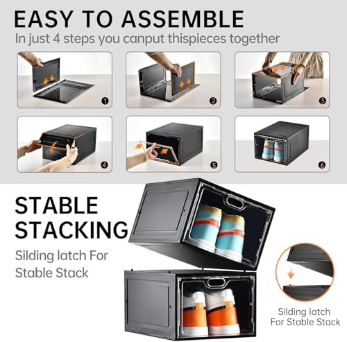 Image of INSTY 12 Pack Large Shoe Storage Box, Clear Shoe Storage Organizer with Magnetic Door, Stackable,Shoe Containers For Display Sneakers, Easy Assembly, Fit up to US Size 12, Black
